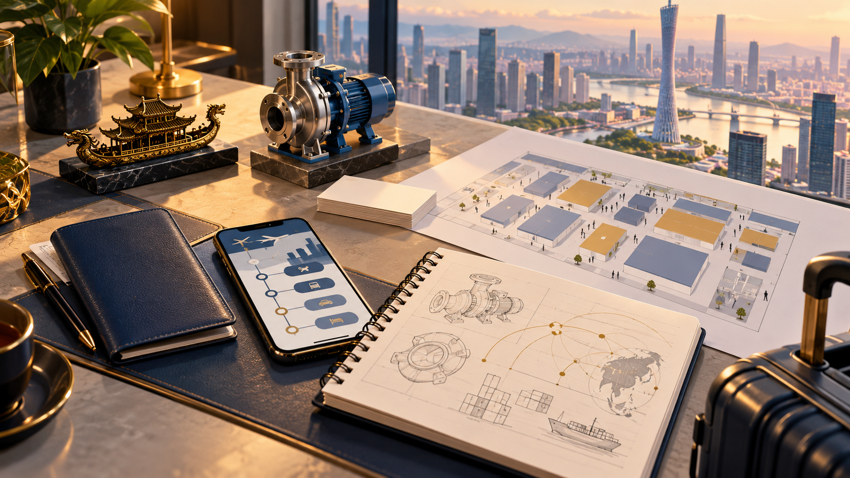 Illustration of a business visitor planning a trade fair visit and reviewing industrial equipment specifications