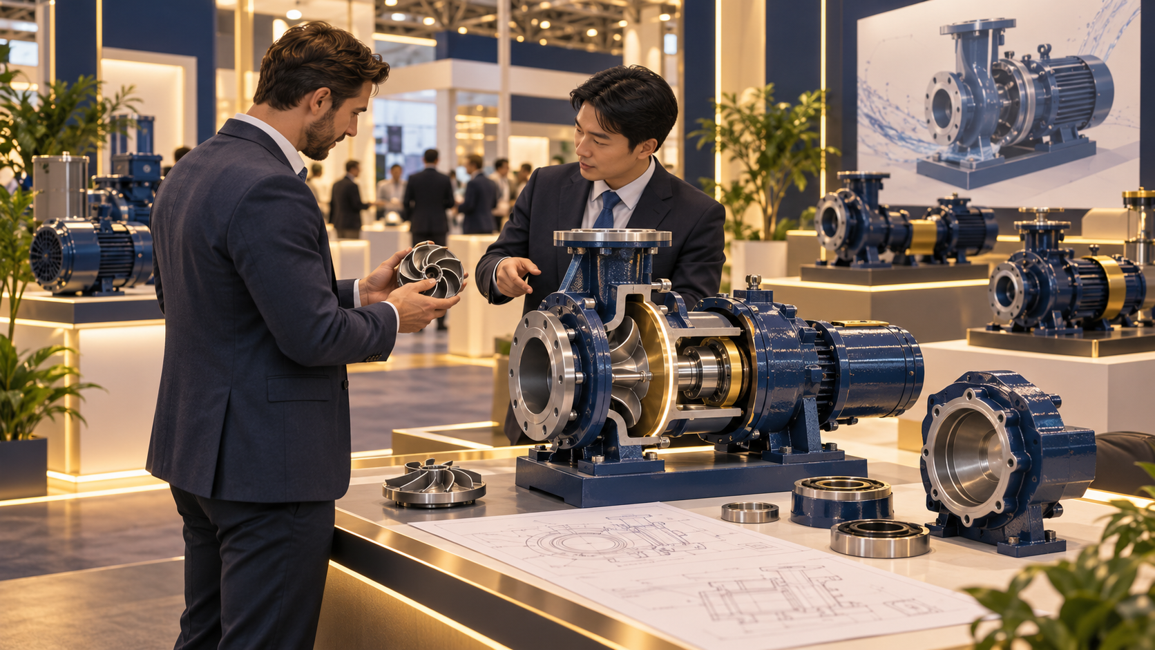 Illustration of a buyer and supplier discussing an industrial pump at a trade exhibition