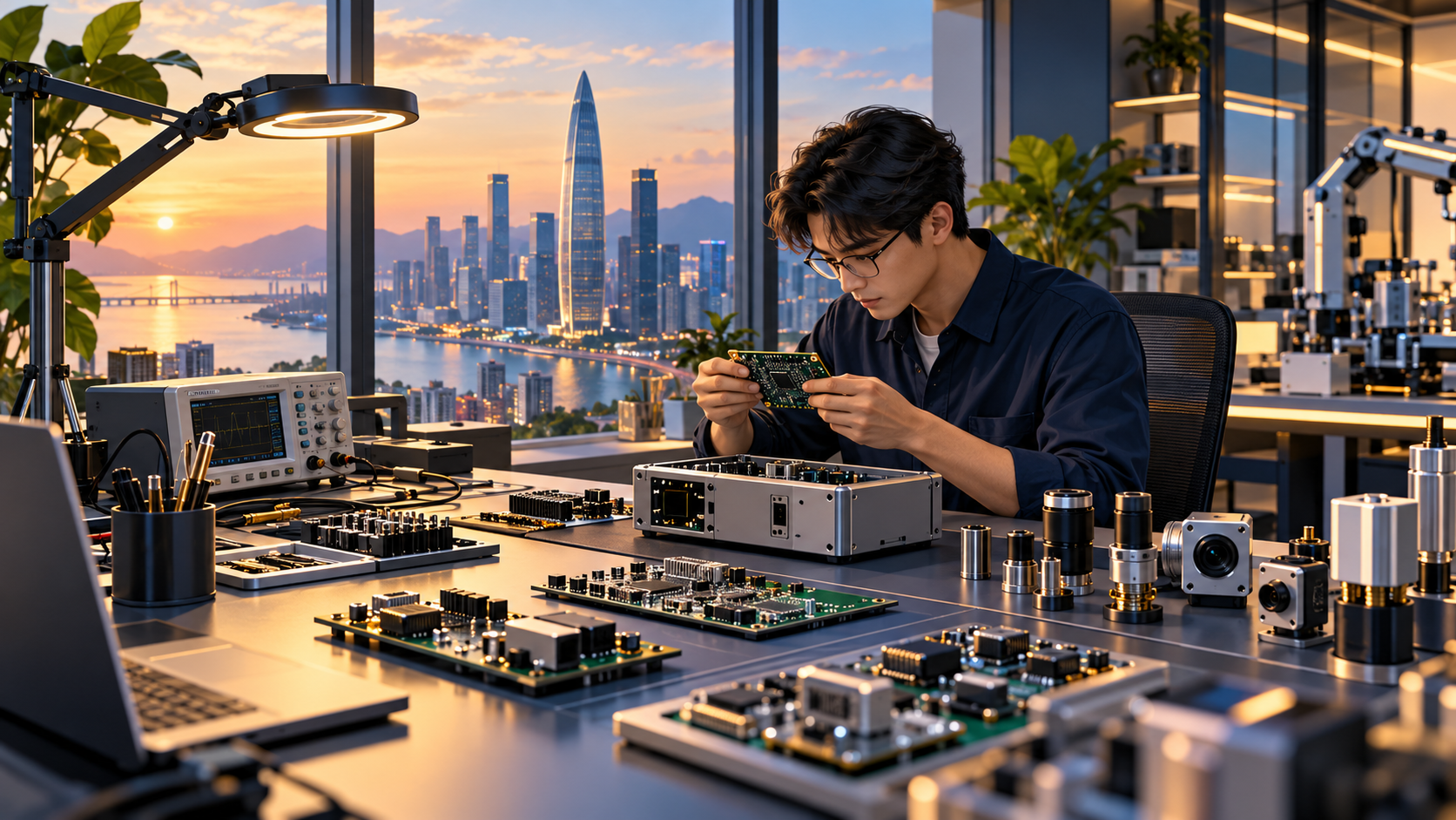 Illustration of electronics prototyping in a Shenzhen-inspired workspace